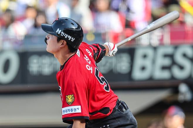 KIA 오선우(사진)은 해럴드 카스트로가 부상 이탈한 사이 주전으로 도약하려고 한다. 사진제공｜KIA 타이거즈