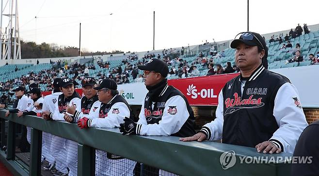 개막전 기다리는 울산 웨일즈 장원진 감독 (울산=연합뉴스) 김용태 기자 = 20일 울산 문수야구장에서 프로야구 KBO 퓨처스(2군)리그 울산 웨일즈의 장원진 감독과 코치진이 롯데 자이언츠와의 창단 첫 홈 개막전을 앞두고 경기장을 바라보고 있다. 2026.3.20 yongtae@yna.co.kr