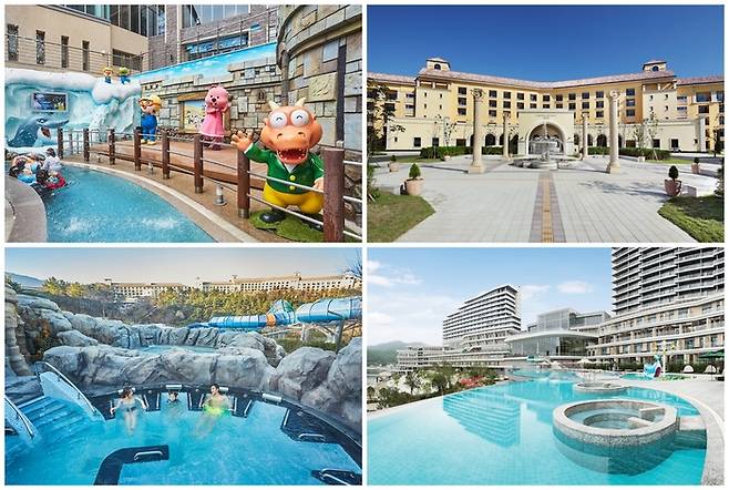 (좌로부터 시계방향)경주 뽀로로아쿠아빌리지 ‘통통이 소극장’, 한화리조트 설악 쏘라노 전경, 거제 벨버디어 In&Outdoor Pool, 설악 워터피아 스파밸리에서 노천탕을 즐기는 가족