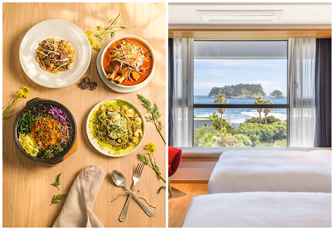 (좌)바솔트 봄 메뉴 (우)제주 더그랜드 섬오름 호텔 신관 디럭스 트윈 객실