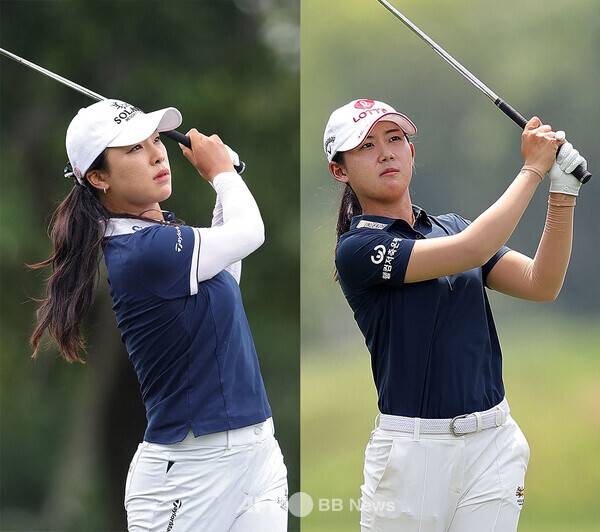 2026년 미국여자프로골프(LPGA) 투어 메이저 골프대회 셰브론 챔피언십에서 경쟁한 윤이나, 황유민 프로. 사진제공=ⓒAFPBBNews = News1 (사진을 무단으로 사용하지 마십시오.)