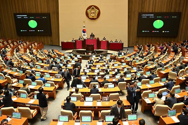 28일 국회에서 열린 제434회 국회 제8차 본회의에서 공직선거법 일부개정법률안이 통과되고 있다. 박시몬 기자