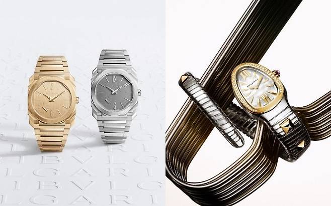 불가리는 37㎜로 케이스 크기를 줄인 옥토 피니씨모 모델과 스틸과 골드를 함께 사용하고 브레이슬릿에 스터드를 장식한 세르펜티 세두토리 모델을 출시했다. 사진 불가리