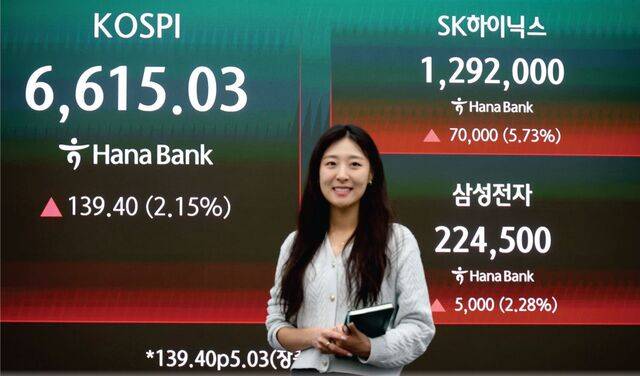 27일 서울 중구 하나은행 딜링룸 현황판에 코스피와 SK하이닉스, 삼성전자 종가가 표시돼 있다. 이날 코스피는 전 거래일 대비 139.40포인트(2.15%) 오른 6615.03으로 장을 마감하며 역대 최고치를 다시 썼다. 연합뉴스