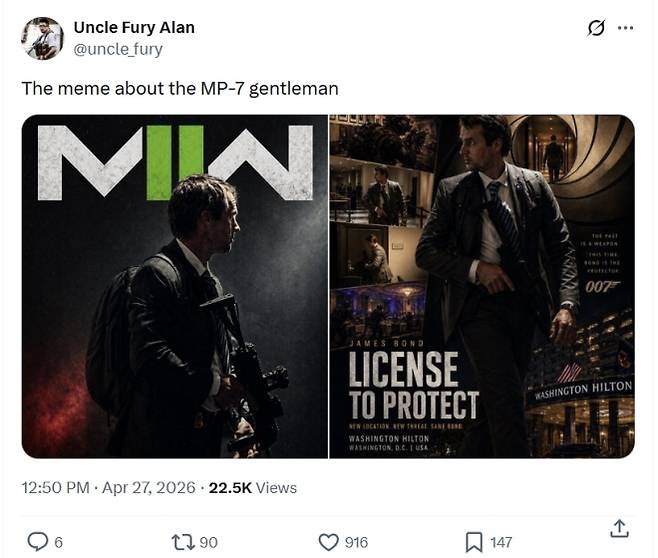 엑스 이용자가 백악관 출입기자단 만찬 총격 시도 이후 MP7을 든 사복 요원 사진을 영화 포스터처럼 재가공해 올렸다. 엑스 캡처