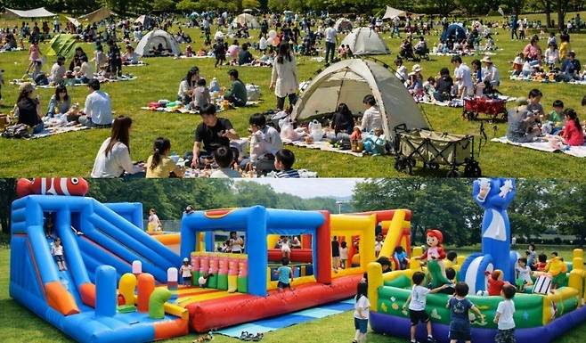 삼국유사테마파크 내 잔디광장(위)과 에어바운스 존 전경. /삼국유사테마파크 누리집