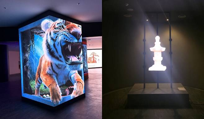 ‘일연대선사관'에 설치된 ‘3D 아나모픽 호랑이’ 영상과 홀로그램으로 복원한 ’보각국사 정조지탑‘ 모습. /삼국유사테마파크 제공