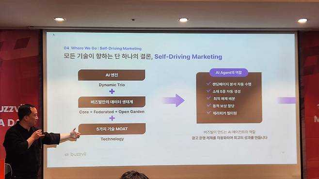 궁극적으로 버즈빌이 그리는 방향은 광고 운영 전 과정을 AI가 자동화하는 ‘셀프 드라이브 마케팅’이다. 이 대표는 “사용자는 AI 에이전트에 의해 대체되는 존재가 아니라, 재미와 정보, 혜택을 느끼며 광고에 참여하는 주체로 남아야 한다”고 강조했다. (사진=테크42)