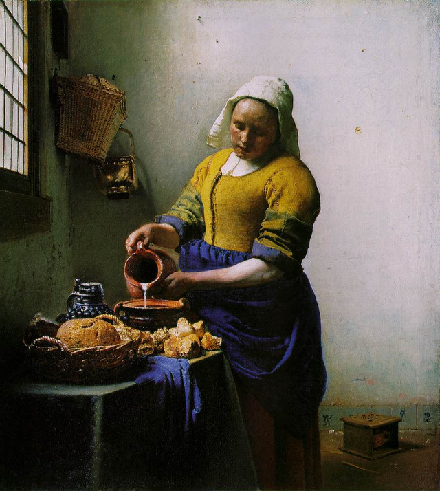 페르메이르, ‘우유 따르는 여인’ (Milkmaid). 1658년경. 캔버스에 유채. 45.5 x 41 cm. 암스테르담 국립미술관 소장.