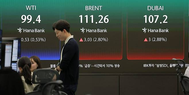 29일 오전 서울 중구 하나은행 본점 딜링룸에 유가가 표시되고 있다. [사진=연합뉴스]
