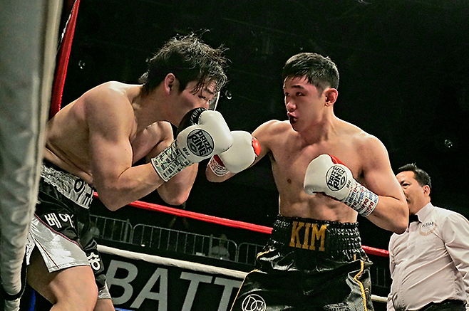 2026년 4월 서울특별시 강남구 섬유센터 이벤트홀 특설링 KBM 라이트헤비급 챔피언결정전 2라운드 이규현한테 다운을 뺏은 것에 만족하지 않고 승리를 확정 짓기 위해 몰아붙이는 김용욱. 사진=한국복싱커미션