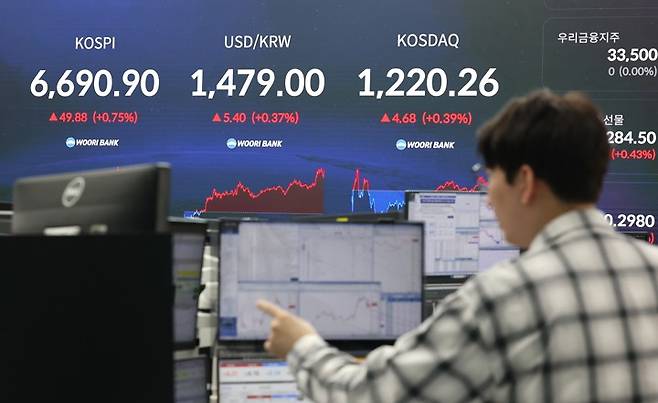 코스피, 사흘 연속 사상 최고치 경신 코스피가 사흘 연속 종가 기준 최고치 행진을 이어가고 있는 29일 서울 중구 우리은행 본점 딜링룸 현황판에 코스피와 코스닥, 원/달러 환율이 표시되고 있다. [연합뉴스 제공]