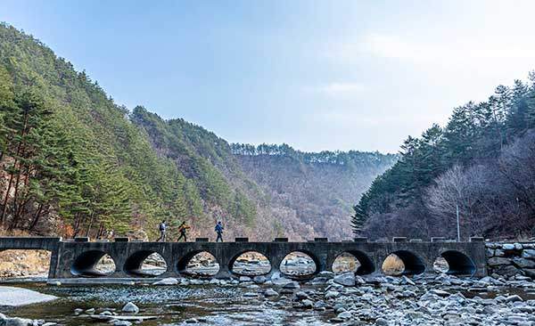 승부역으로 가기 위해 다리를 통해 낙동강을 건너고 있다.
