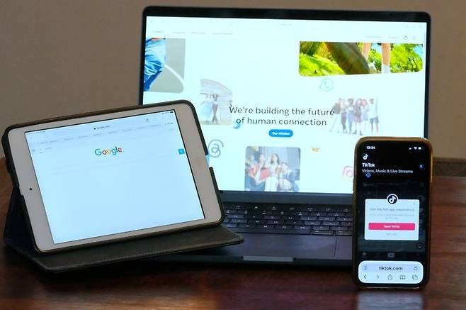 구글(왼쪽부터), 메타, 틱톡의 홈페이지 화면.  AP연합뉴스