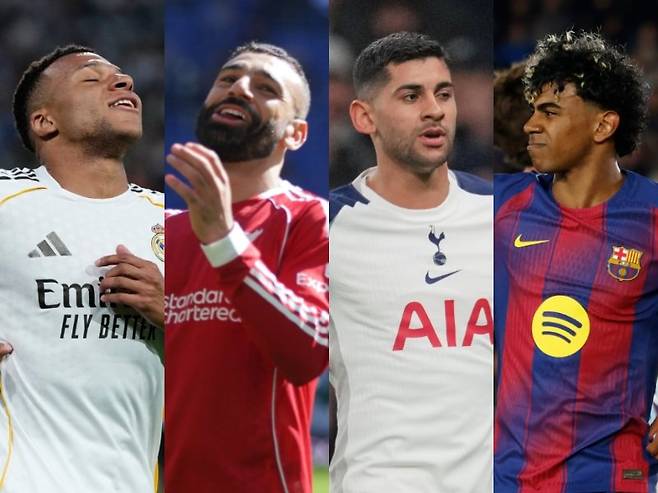 북중미월드컵이 다가오면서 부상을 안은 많은 슈퍼스타들이 시간과의 치열한 싸움을 하고 있다. 킬리안 음바페와 모하메드 살라, 크리스티안 로메로, 라민 야말(왼쪽부터) 등은 부상 회복에 매달리고 있다. AP뉴시스