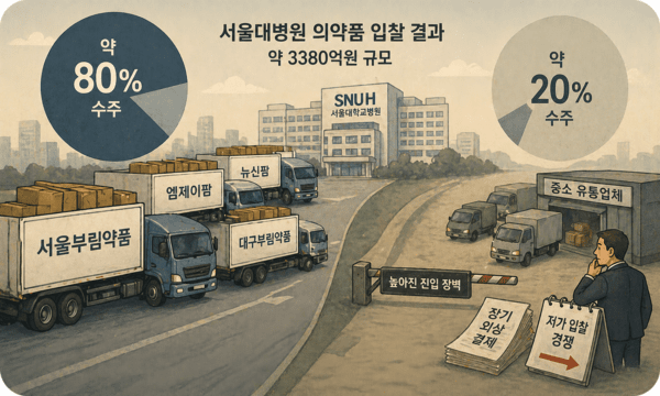 최근 마무리된 서울대병원의 약 3380억원 규모 의약품 입찰에서 대형 의약품 유통업체들이 전체 물량의 약 80%를 차지하며 시장 집중도가 한층 심화된 것으로 나타났다. [출처=오픈AI]