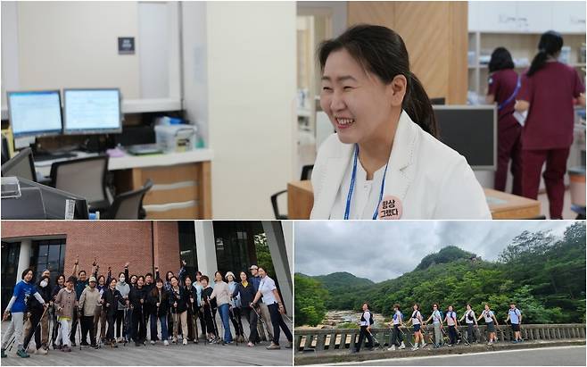 (상단부터 시계방향으로) 병동에서 근무중인 이정옥 간호사, 이 간호사는 가톨릭대 평생교육원에서 '산림스포츠 이해'라는 강의를 진행 한 바 있다, 부천지역 노르딕워킹 인스트럭터 워크샵 기념 촬영