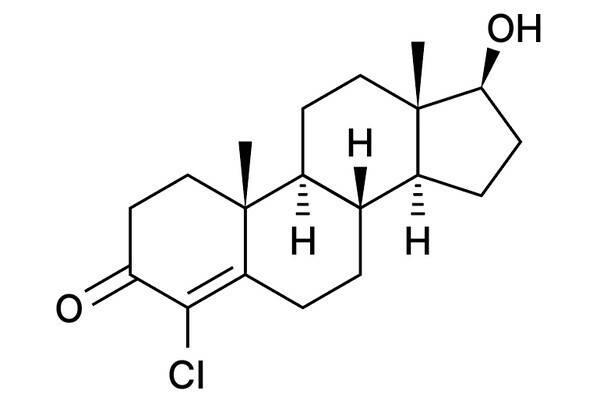 클로스테볼의 화학구조식. testosterone의 4번 탄소(C4)에 염소(Cl)가 결합된 구조. 약사공론DB.