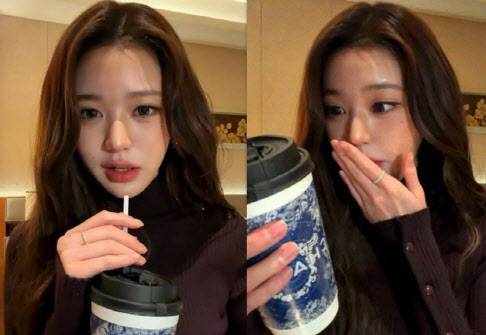 걸그룹 아이브 멤버 장원영이 중국 밀크디 '차지'를 마신 뒤 깜짝 놀라는 모습. (사진=장원영 인스타그램 갈무리).