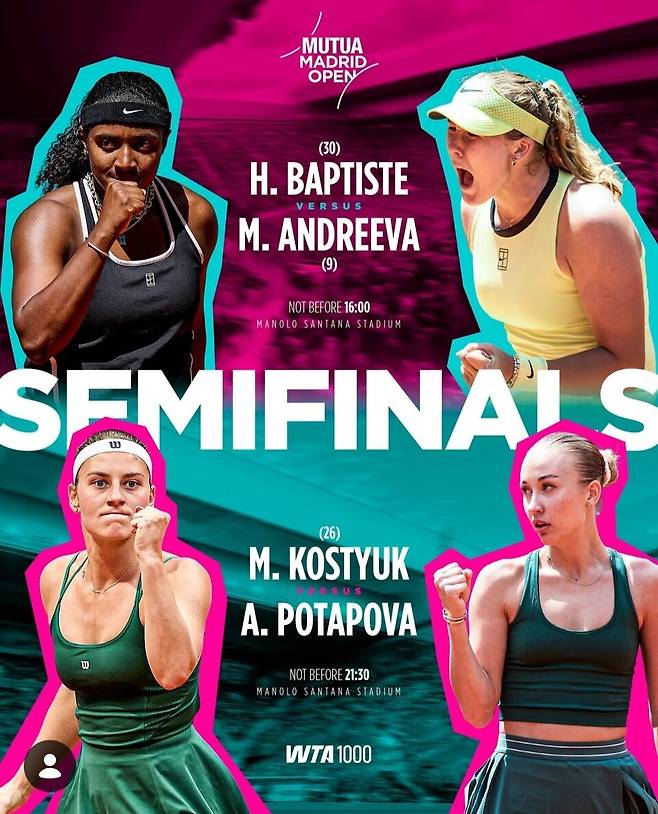 마드리드 WTA 1000 4강 대진. 마드리드오픈 SNS