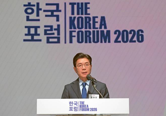 정원오 더불어민주당 서울시장 후보가 30일 서울 중구 대한상공회의소에서 열린 2026 한국포럼 'K-컬처, 세계를 잇는 새로운 문법'에서 축사를 하고 있다. 최주연 기자
