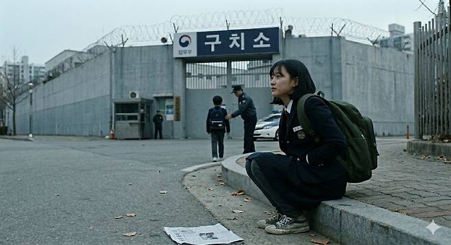 수용자 부모와의 돌봄접견에 들어가는 동생과 구치소 앞에서 기다리는 누나의 모습을 표현한 인공지능(AI) 생성 이미지. 일러스트 제미나이