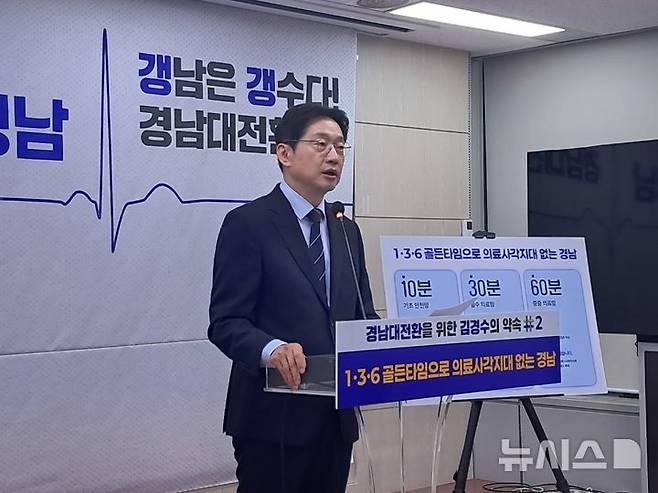 [창원=뉴시스] 홍정명기자 = 김경수 더불어민주당 경남도지사 후보가 30일 오전 도청 프레스센터에서 ‘1·3·6 골든타임’ 기반으로 의료사각지대 없는 경남'을 주제로 의료 분야 공약을 발표하고 있다.2026.04.30. hjm@newsis.com