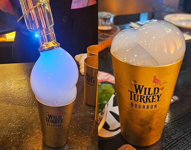 와일드터키101에 진저레몬 시럽과 아루굴라(루꼴라)를 믹싱한 샌달 우드 하이볼. 마무리에 스모키한 버블이 얹어 시각적 요소를 극대화했다. 박윤희 기자
