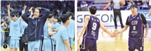 ①  프로농구 고양 소노 선수들이 지난 27일 고양소노아레나에서 열린 4강 플레이오프(PO)에서 승리해 챔피언결정전 진출을 확정 지은 뒤 환호하고 있다. ②  부산 KCC 최준용과 송교창이 지난 28일 부산사직체육관에서 열린 안양 정관장과의 4강 PO 3차전에서 승리한 뒤 기뻐하고 있다. KBL 제공