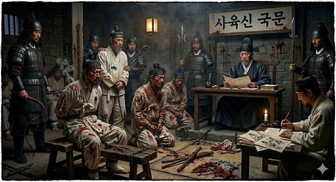 단종 복위운동이 발각되어 고초를 받고 있는 사육신. 제미나이 이미지)