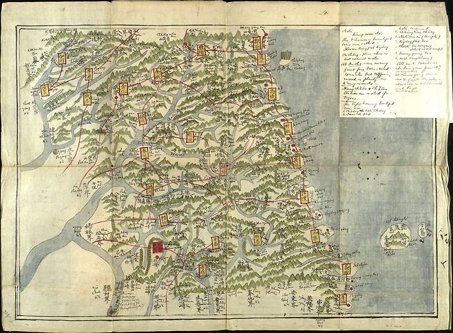 '여지도' 내 '강원도', 19세기 중후반(1832~1869년), 채색필사본, 46×63㎝ (동북아역사재단 제공)