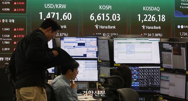 국내 증시 시가총액이 사상 처음으로 6000조원을 넘어선 27일 서울 중구 하나은행 딜링룸에 관련 지수가 표시되어 있다. 2026.4.27 권도현 기자