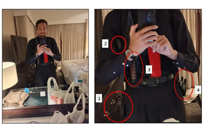 29일(현지시간) 미 법무부가 법원에 제출한 자료에 포함된 사진으로 콜 토머스 앨런이 2026년 4월 25일 워싱턴의 호텔 객실 안에서 휴대전화로 거울 셀카를 촬영하는 모습(왼쪽)과 이를 보정한 이미지(오른쪽). 미 법무부·AP연합뉴스