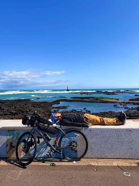 The reporter takes a well-deserved break on a very wind-swept afternoon in southern Jeju on April 4. [JINSIL YU]