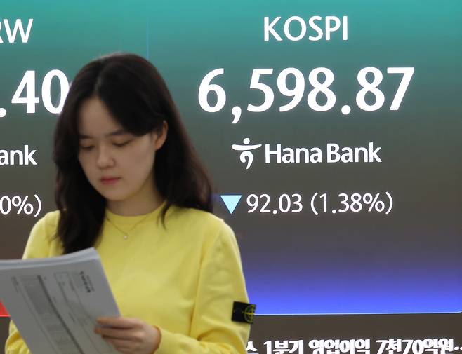 30일 서울 중구 하나은행 본점 딜링룸에 지수가 표시되고 있다. 이날 코스피는 92.03p(1.38%) 내린 6,598.87로 장을 마쳤다. 연합뉴스