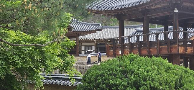 30일 김면장군 유적지를 찾은 관광객이 영화 왕과 사는 남자의 한 장면을 떠올리며 곤장을 치는 모습을 연출하고 있다. <석현철 기자>