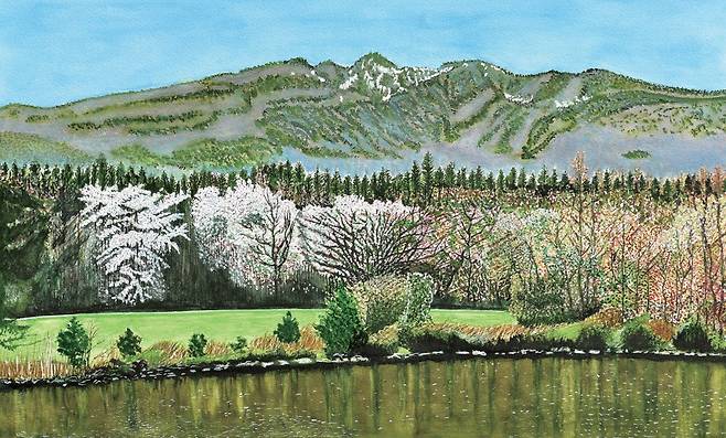 한라산이 보이는 풍경,&nbsp; 종이에 수채, &nbsp;53x73cm, 2026 좌기춘 作 ⓒ제주의소리