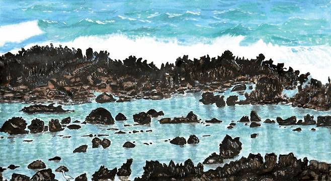 용담해안, 섬속에 갯바위 &nbsp;종이에 수채, 31x42cm, 2026 좌기춘 作 ⓒ제주의소리