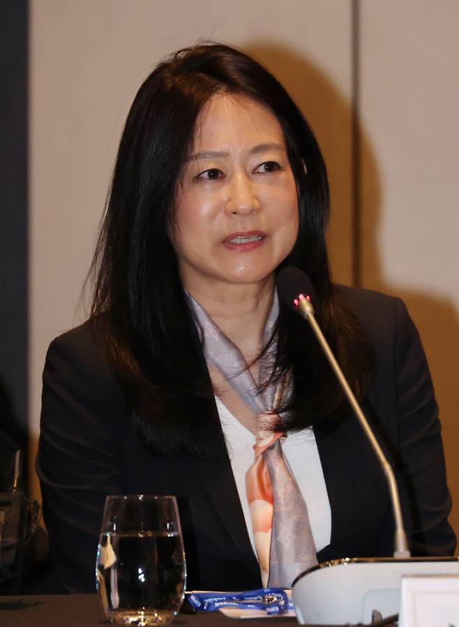 인사말 하는 김나미 사무총장_(서울=연합뉴스) 이진욱 기자 = 27일 서울 그랜드 하얏트 서울에서 열린 대한체육회 제1차 이사회에서 김나미 사무총장이 인사말을 하고 있다. 2025.3.27 cityboy@yna.co.kr