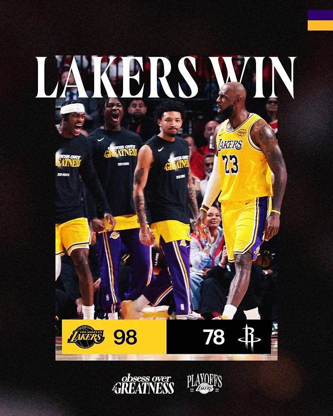 2일 도요타 센터에서 열린 휴스턴과의 2025~26 NBA 서부콘퍼런스 1라운드 6차전서 98-78로 이긴 레이커스. 사진=레이커스 SNS