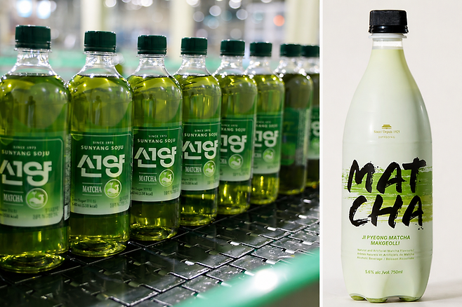 선양소주 ‘말차 소주’(왼쪽), 지평주조 ‘말차 막걸리’  <각 사 제공>