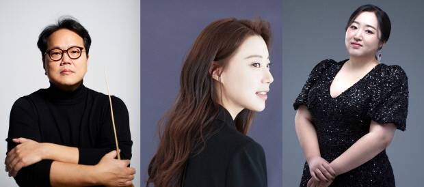 이병욱 광주시향 예술감독(왼쪽부터), 소프라노 황수미, 메조소프라노 이단비.<광주예술의전당 제공>