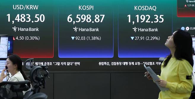지난달 30일 오전 서울 중구 하나은행 본점 딜링룸 전광판에 코스피 종가 등이 표시되고 있다. 사진=뉴스1