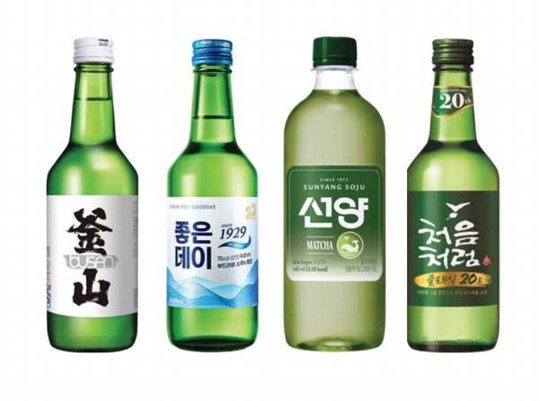 왼쪽부터 대선주조 ‘부산’, 무학 ‘올 뉴 좋은데이’, 선양소주 ‘선양 말차’, 롯데칠성음료 ‘처음처럼 클래식’.  각 사 제공