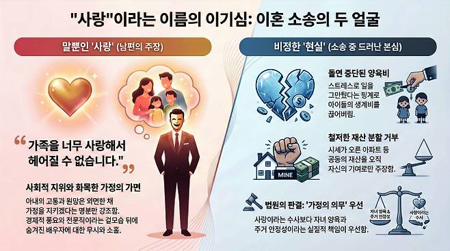 "가족을 사랑한다"며 이혼을 거부하던 남편이 양육비 지급과 재산분할 앞에서 돌변하자 법원이 아내와 아이들의 권리를 인정하며 이혼을 판결했다./남도일보·AI 생성 이미지