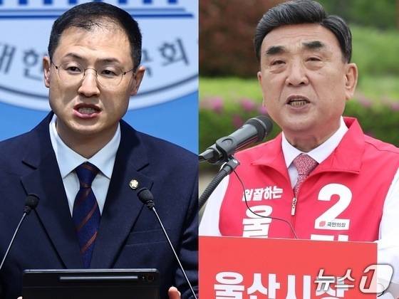 울산시장 선거에 출마하는 김상욱 더불어민주당 의원과 김두겸 국민의힘 시장이 29일 각각 국회와 태화강변에서 기자회견을 열고 있다.ⓒ 뉴스1