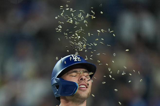Los Angeles Dodgers' Dalton Rushing has seeds thrown at him after hitting a grand slam during the eighth inning of a baseball game against the New York Mets Wednesday, April 15, 2026, in Los Angeles. (AP Photo/Jae C. Hong)







<저작권자(c) 연합뉴스, 무단 전재-재배포, AI 학습 및 활용 금지>