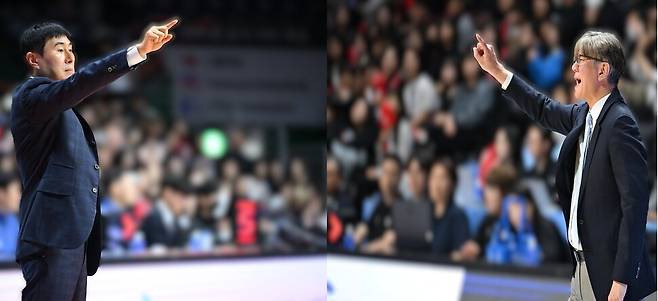 이상민 부산 케이씨씨(KCC) 감독(왼쪽)과 손창환 고양 소노 감독. 한국농구연맹 제공