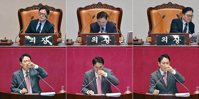 장동혁 국민의힘 대표가 2025년 12월 23일 오전 국회에서 내란전담재판부 설치 특별법 등에 대한 필리버스터를 하던 중 여러 차례 물을 마시고 있다. 민경석 기자
