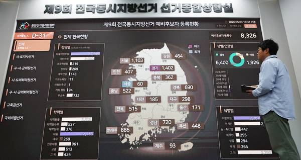 제9회 전국동시지방선거를 한 달 앞둔 3일 경기도 과천 중앙선거관리위원회 종합상황실에서 직원들이 업무를 보고 있다. 2026.5.3 /연합뉴스